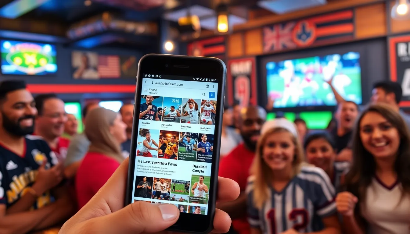 a smartphone displaying the LatestSportsBuzz.com homepage in a lively sports bar.
