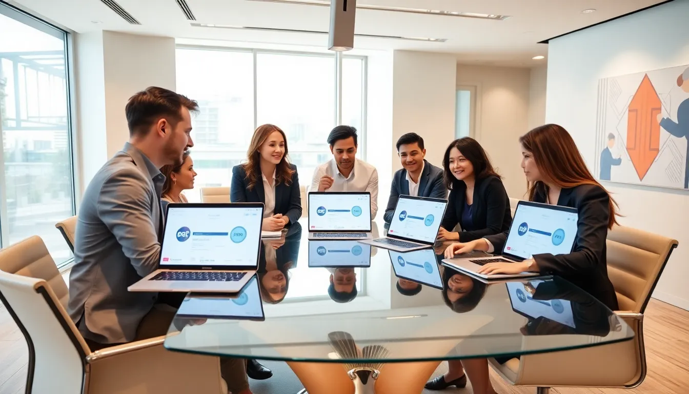 diverse team discussing digital finance in a modern office setting.