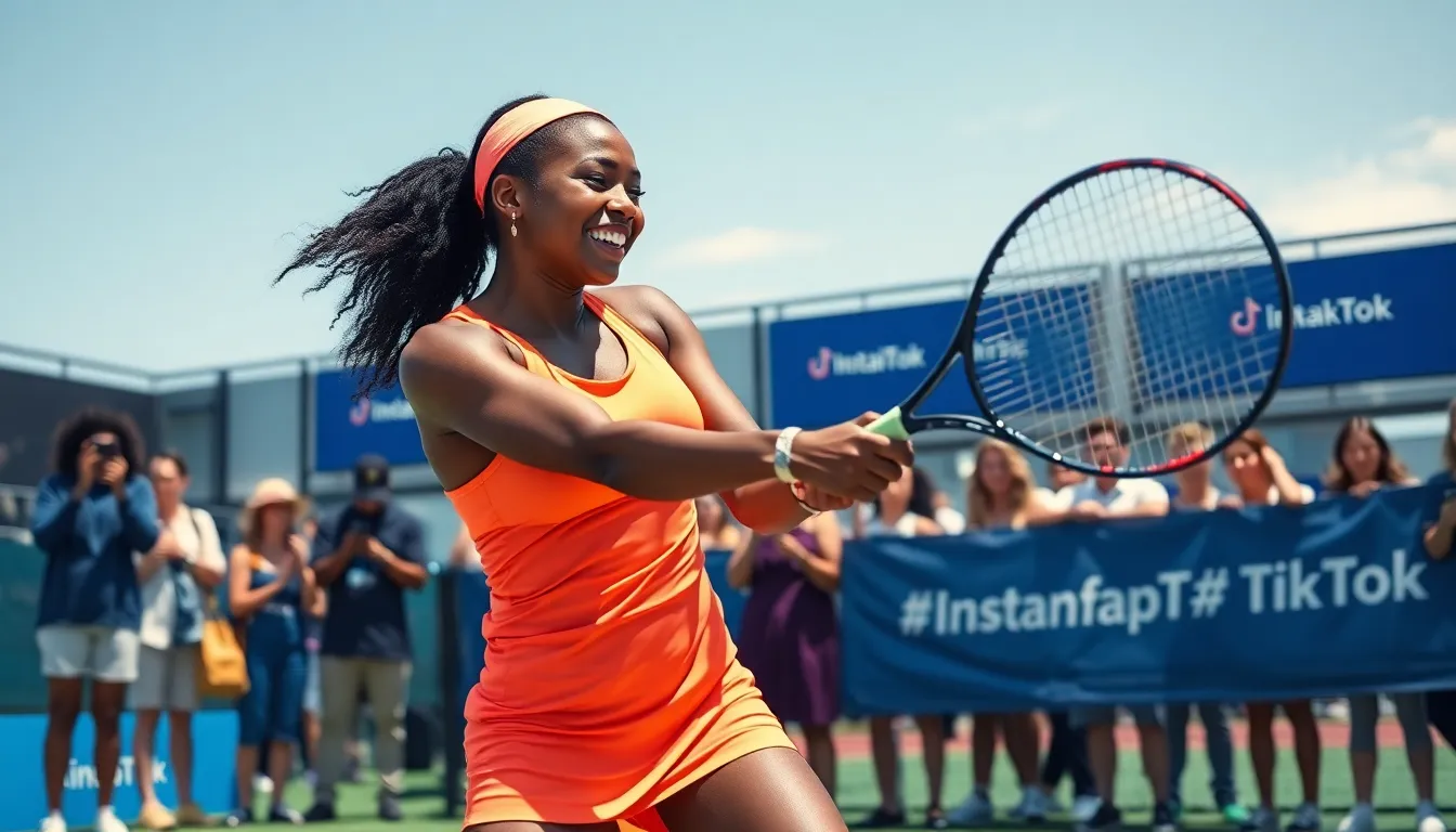 Tennis player engaging with fans in a modern court setting.