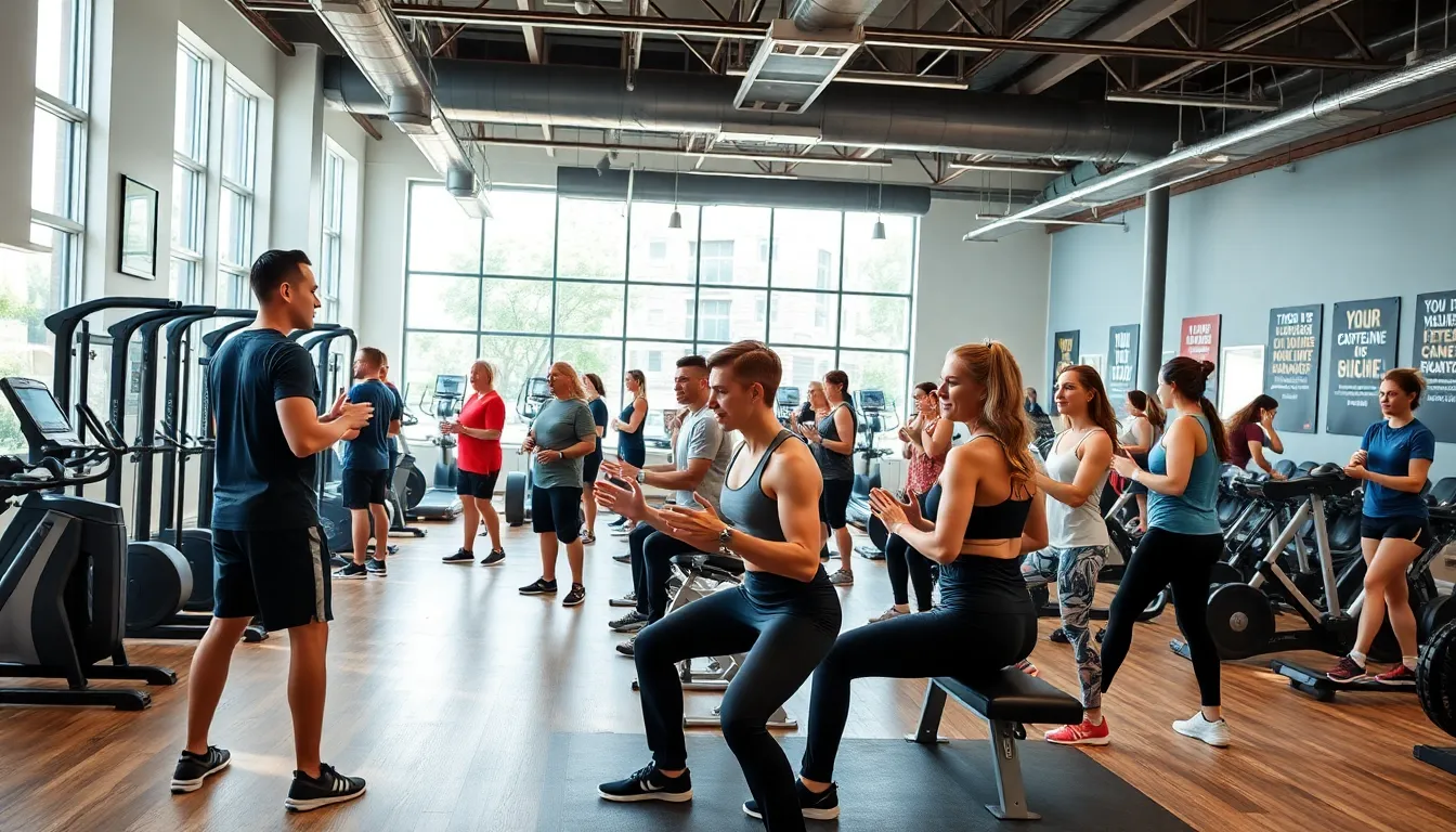 diverse group working out in a modern fitness center.